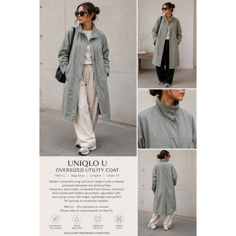 Uniqlo U Men's L Oversized Long Utility Coat Sage Gray Unisex Gorpcore